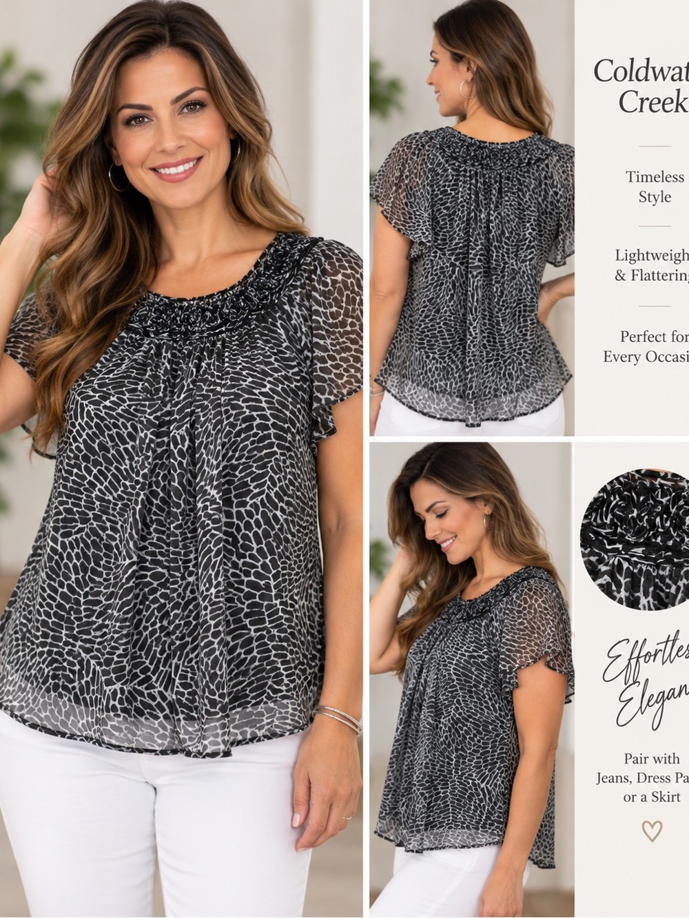 Coldwater Creek Black & White Animal-Print Smocked Neck Blouse,Large,14